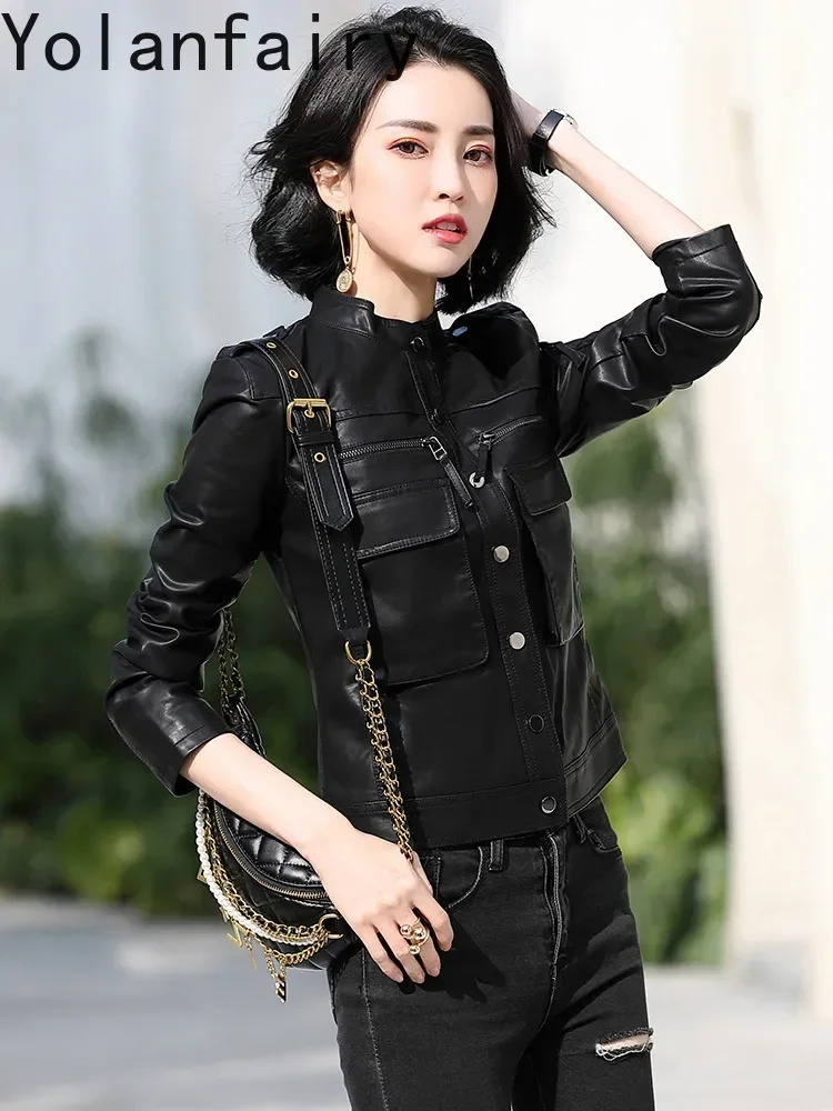 YOLANFAIRY Naturalna Skórzana Kurtka Damska Odzież Wąska Krótka Prawdziwa Skóra Owcza Płaszcz Damskie Kurtki Motocyklowe Куртка Женская Кожаная