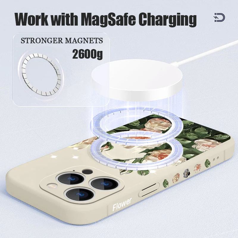 حافظة هاتف مطبوعة على شكل زهرة الورد لهاتف آيفون 17 برو ماكس 16E Air 16 15 14 13 12 Pro Max 11 مغناطيسية لهاتف Magsafe غطاء حبل ناعم من البولي يوريثان #6