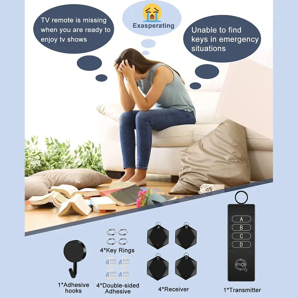 WSDCAM Wireless Key Finder Pet GPS Tracker 85dB Key Locator Remote Control 1 RF Transmitter 4 Receiver with 165ft Working Range