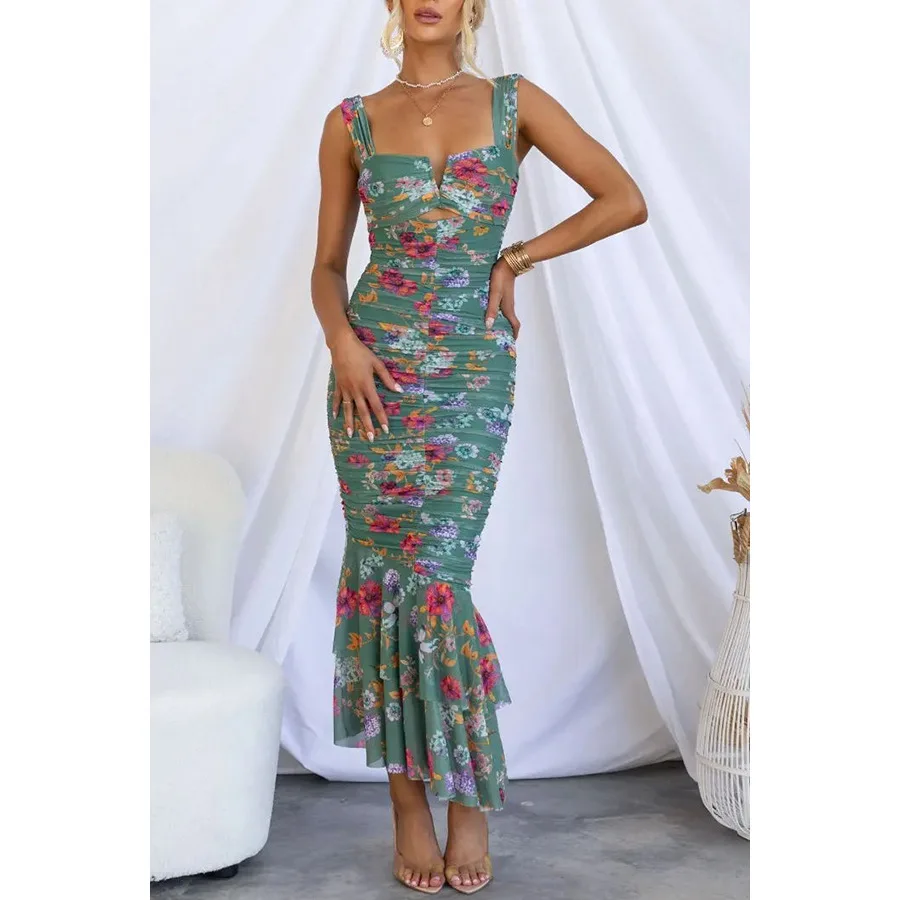 

Flower Print Slim Spaghetti Strap Dresses Women Fashion Sexy V-neck Backless Irregular Folds Package Hip Bodycon Long Dress 2024