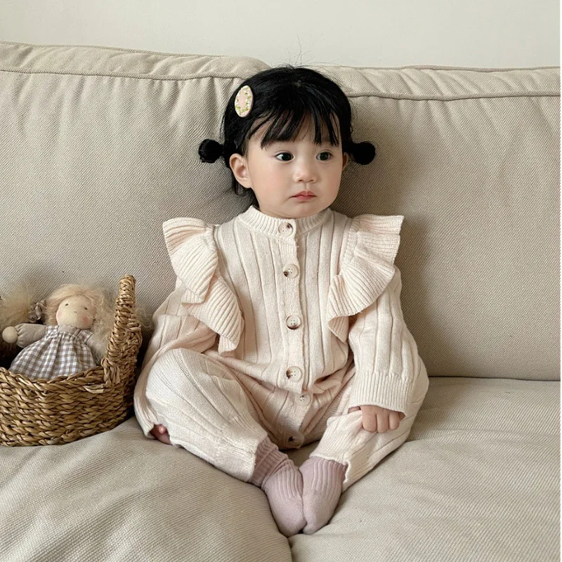 2024 Infant Spring Clothes New Solid Girl Baby Knitted Cardigan Flounce Long Sleeve Romper Kid Cotton Jumpsuit Newborn One-piece