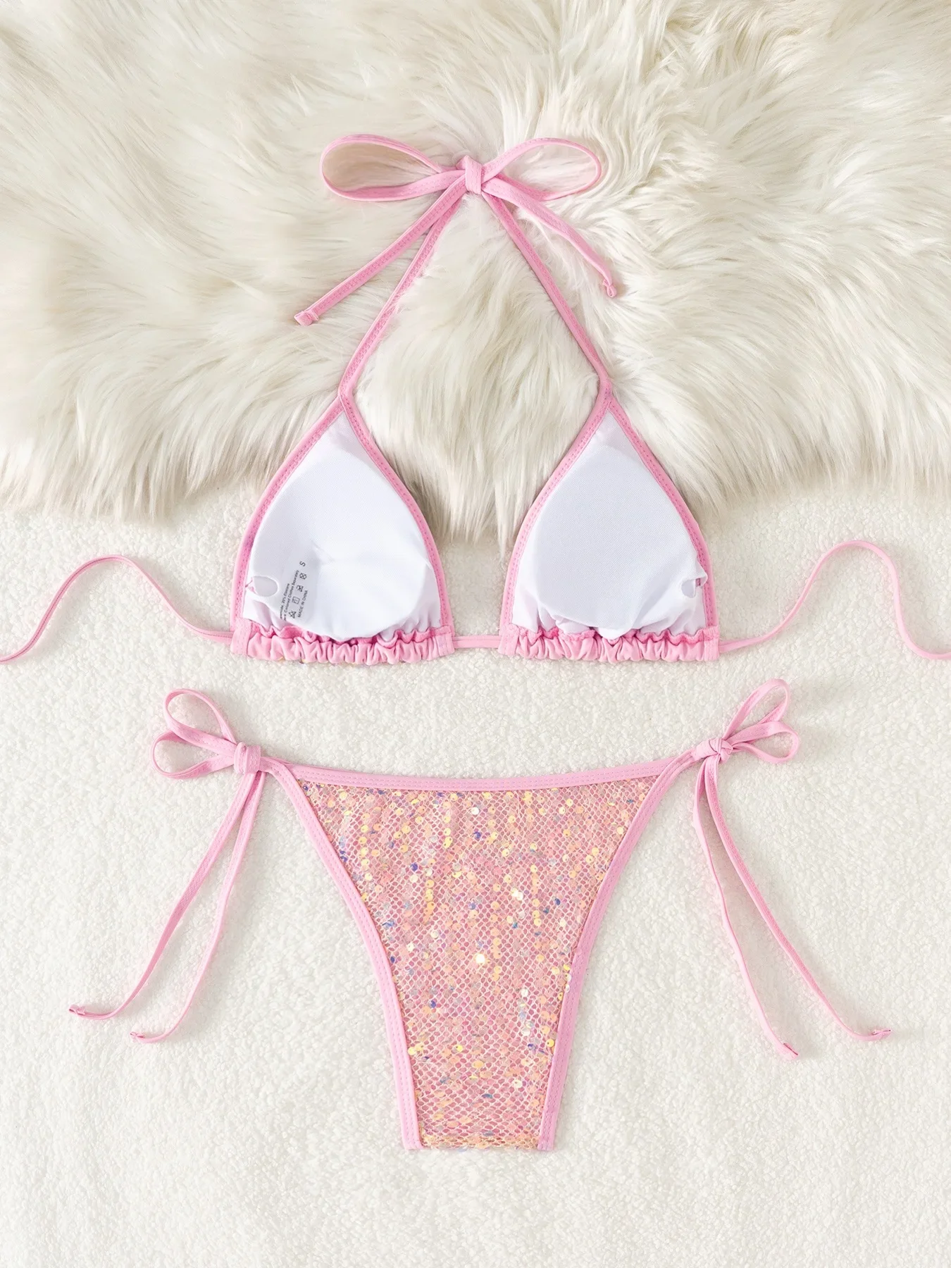 Sexy Mesh Sequin Lace-up Bandage Bikini Sets Split Swimsuit for Women Ruffled Triangle Bathing Suits Trend Swimwear 2024