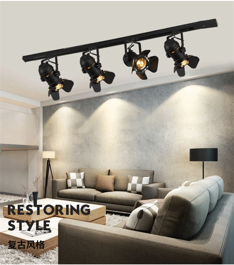 Modern LED Ceiling Lights American Retro Loft Iron Track Lamps Industrial E27 Bar Cafe Industrial Lighting Searchlight Fixtures