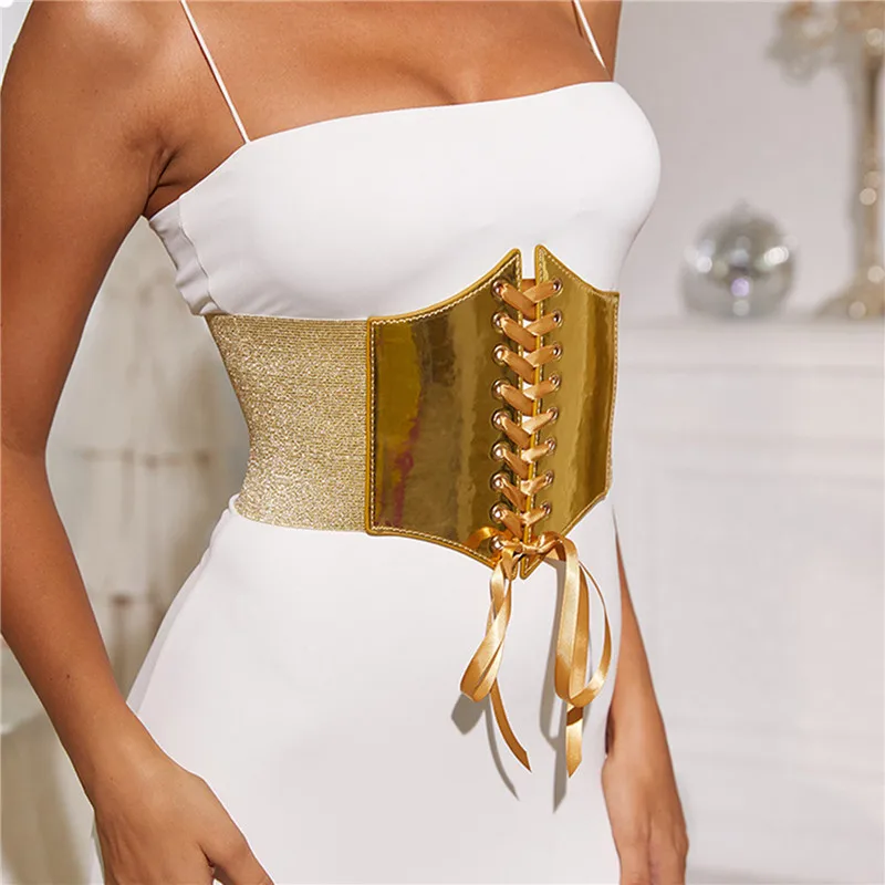 Goth Gothic Clothing Underbust Corset Women Belts Elastic Wide Bright Leather Golden Corsets For Waist Trainer