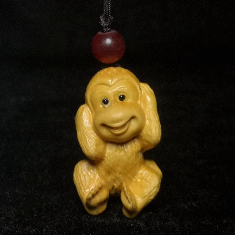 

1919 Antique art Size 1.3 Inch Chinese Boxwood Wood Carved lovely Monkey Figurine Statue Netsuke Pendant Gift Collection