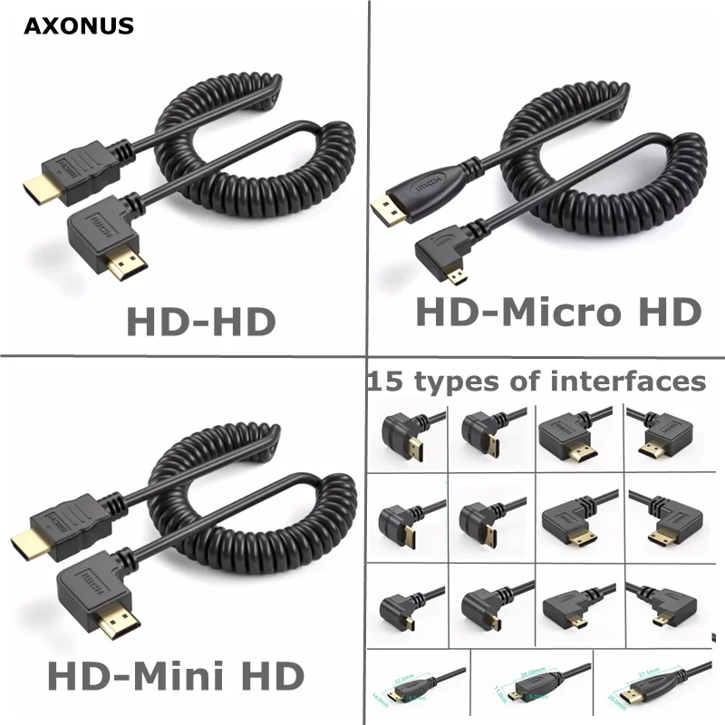 V1.4 DSLR2m HDMI-compatible to Right & Left Angle Mini HDMI & HDMI & Micro HDMI male to Male Stretch Spring Curl Flexible Cable