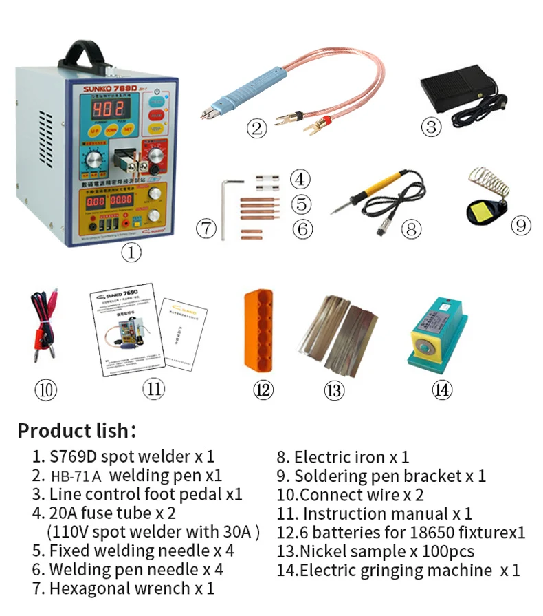 SUNNKO 769D 스폿 용접기, 배터리 용접기, 18650 배터리 팩, 스폿 용접기, 110V, 220V