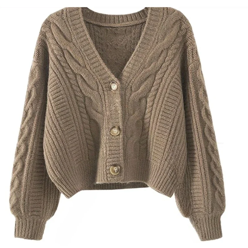 Nova moda outono e inverno roupas femininas novo decote em v lanterna manga camisola elegante casual único breasted cardigan jaqueta