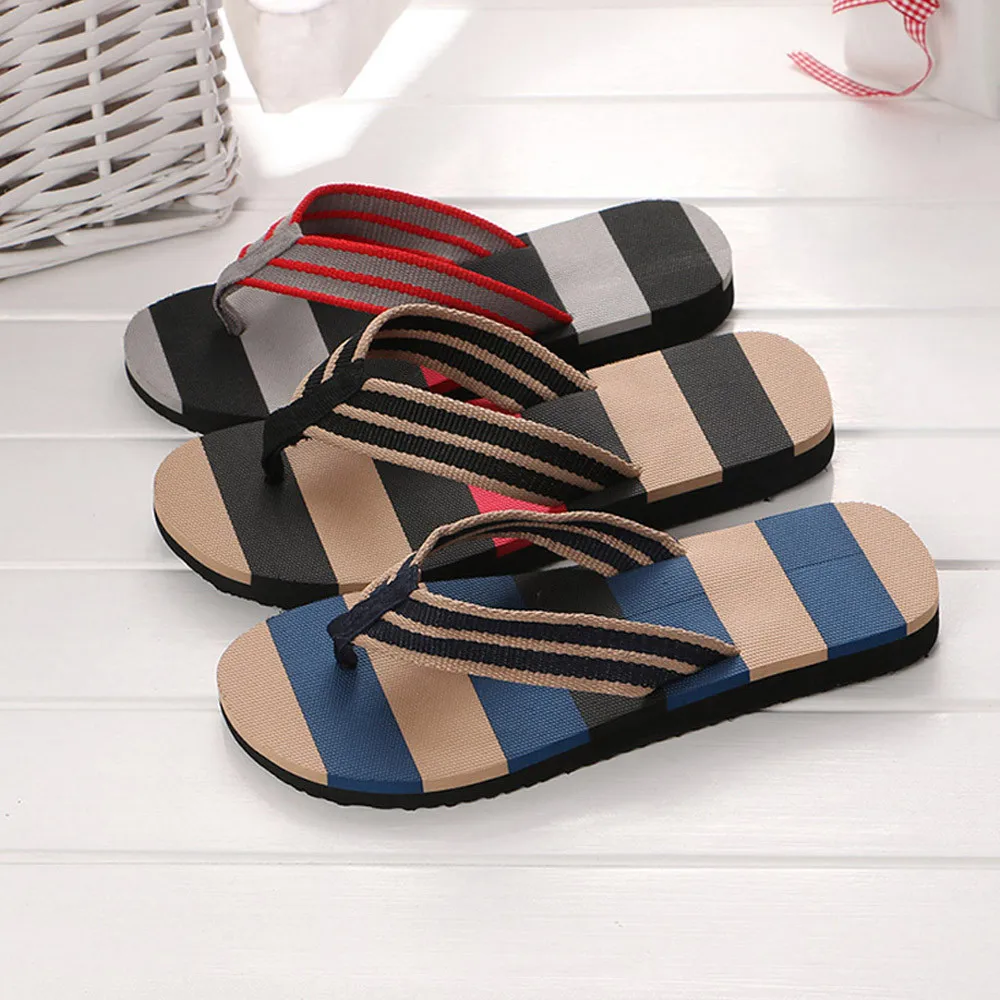 Men's Slippers Fashion Stripe Colour Collision Flip Flops Non-slip Breathable Casual Slippers Summer Outer Wear Slippers Sandals