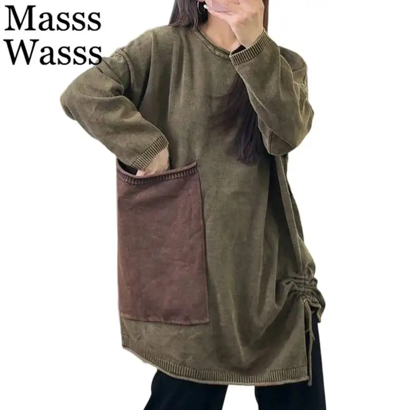 

Masss Wasss 2025 Winter Loose Warm Jumpers Women Fashion Casual Vintage Sweaters Ladies Elegant Long Patchwork Knitted Pullover