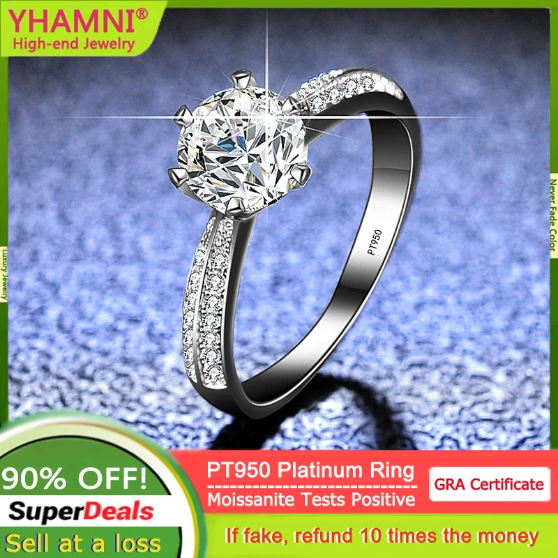 

YHAMNI PT950 Platinum 1 Carat Round Cut Moissanite Engagement Wedding Ring Women's Weddin Birthday Anniversary New Year Gift