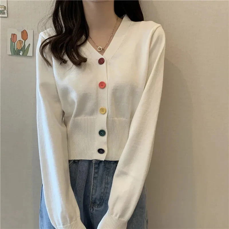 Chic Rainbow Buttons Cardigan Women Casual Long Sleeve V Neck Sweet Knitted Sweaters Korean Fashion Loose Soft Short Cardigan