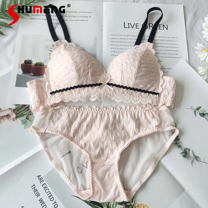 

Кружевное женское нижнее белье в японском стиле с беспроводной подошвой, толстый сексуальный комплект с бюстгальтером, нижнее белье, женские милые розовые, белые короткие костюмы