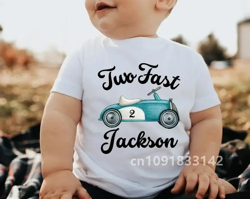 Personlized Name  Race Car 2st Birthday Toddler White Shirt Birthday Gifts Supplies Racecar Birthday Family Party Decorations