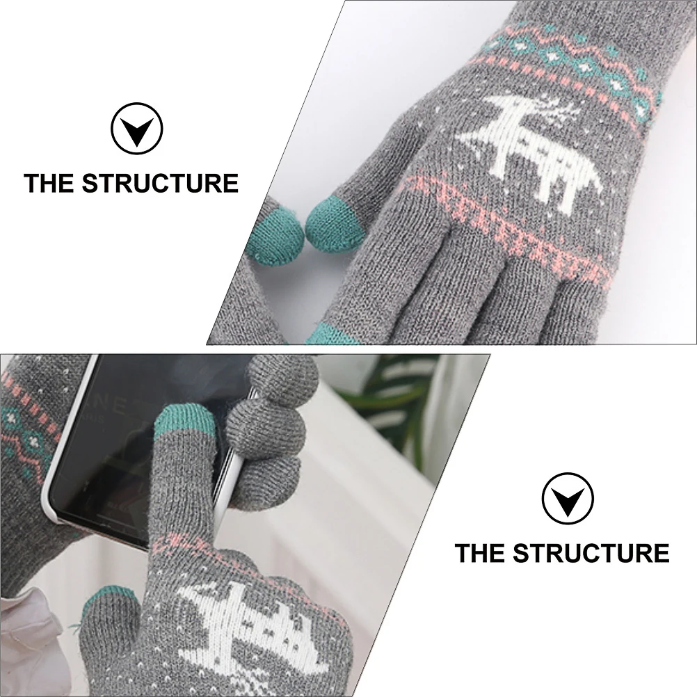 1Pair Touch Screen Compatible Gloves Winter Warm Knitted Full Finger for Women Thermal Hands Protection Christmas Design