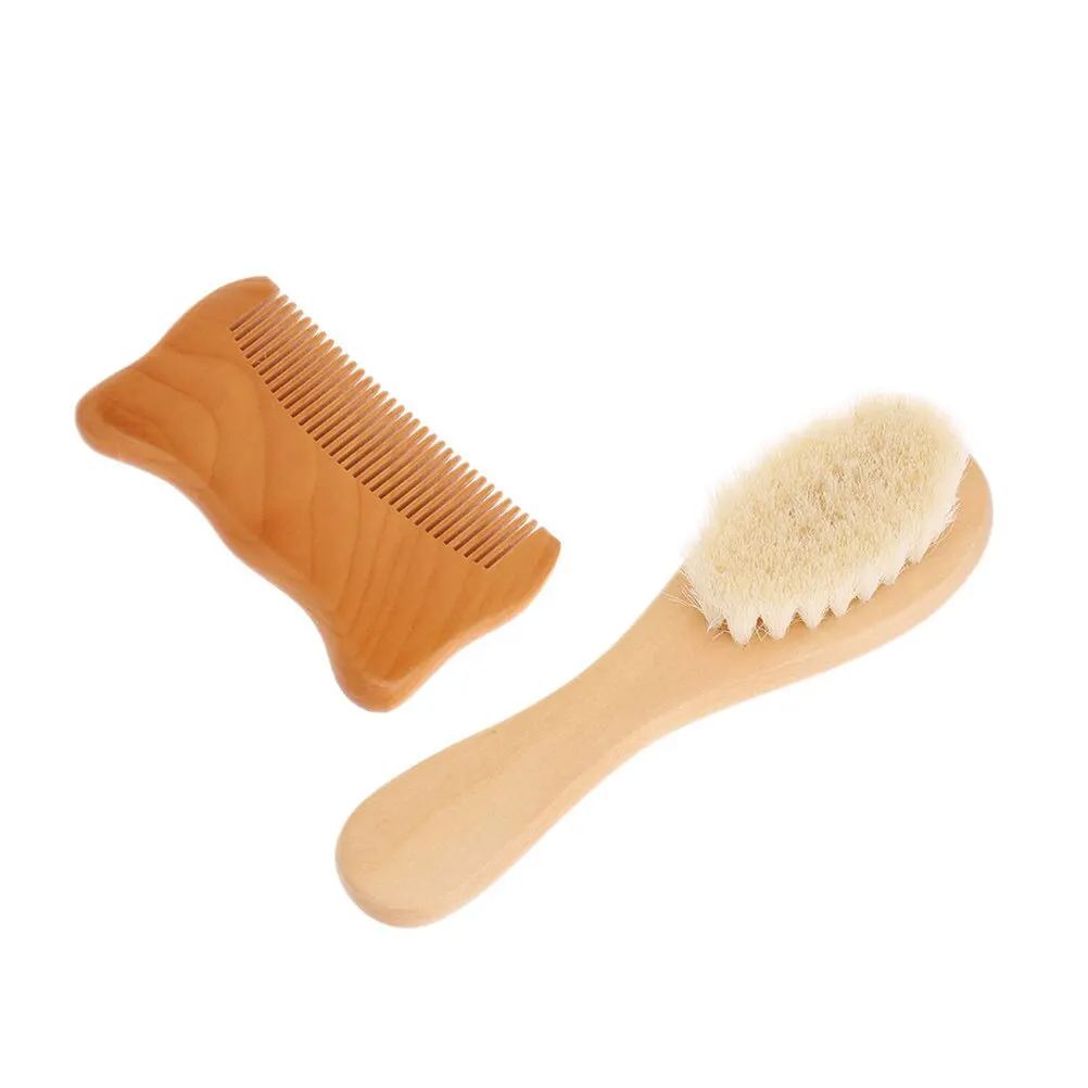 

2Pcs Wool Hair Brush Comb Set Natural Goat Hair Baby Bathing Brush Gentle Scalp Massage Detangler Stimulates Circulation Wooden