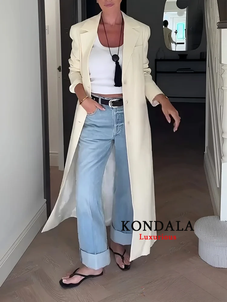

KONDALA Casual Chic Women Beige Solid Blazer V Neck Single Breasted Long Loose Blazer Fashion 2025 Autumn Office Lady Blazer