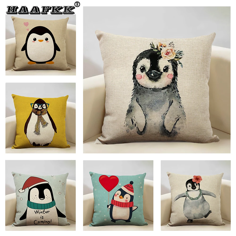 Cartoon Design Lovely Penguin Cushion Cover Sofa Linen Pillow Case Living Room Bedroom Children's Room Decoration 45x45cm