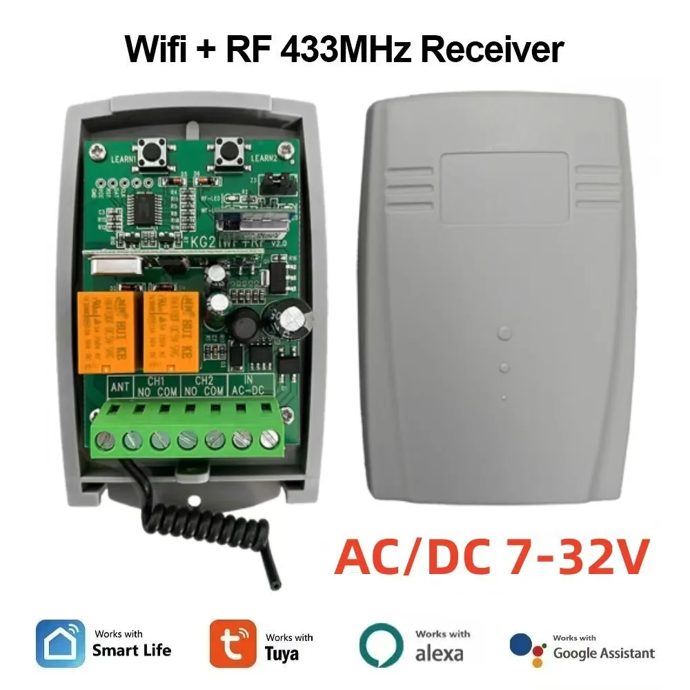 Tuya WiFi Smart Home Garage Door Receiver 2CH 433.92MHz Universal Fixed Rolling Code 7-32V,Remote Control 433mhz