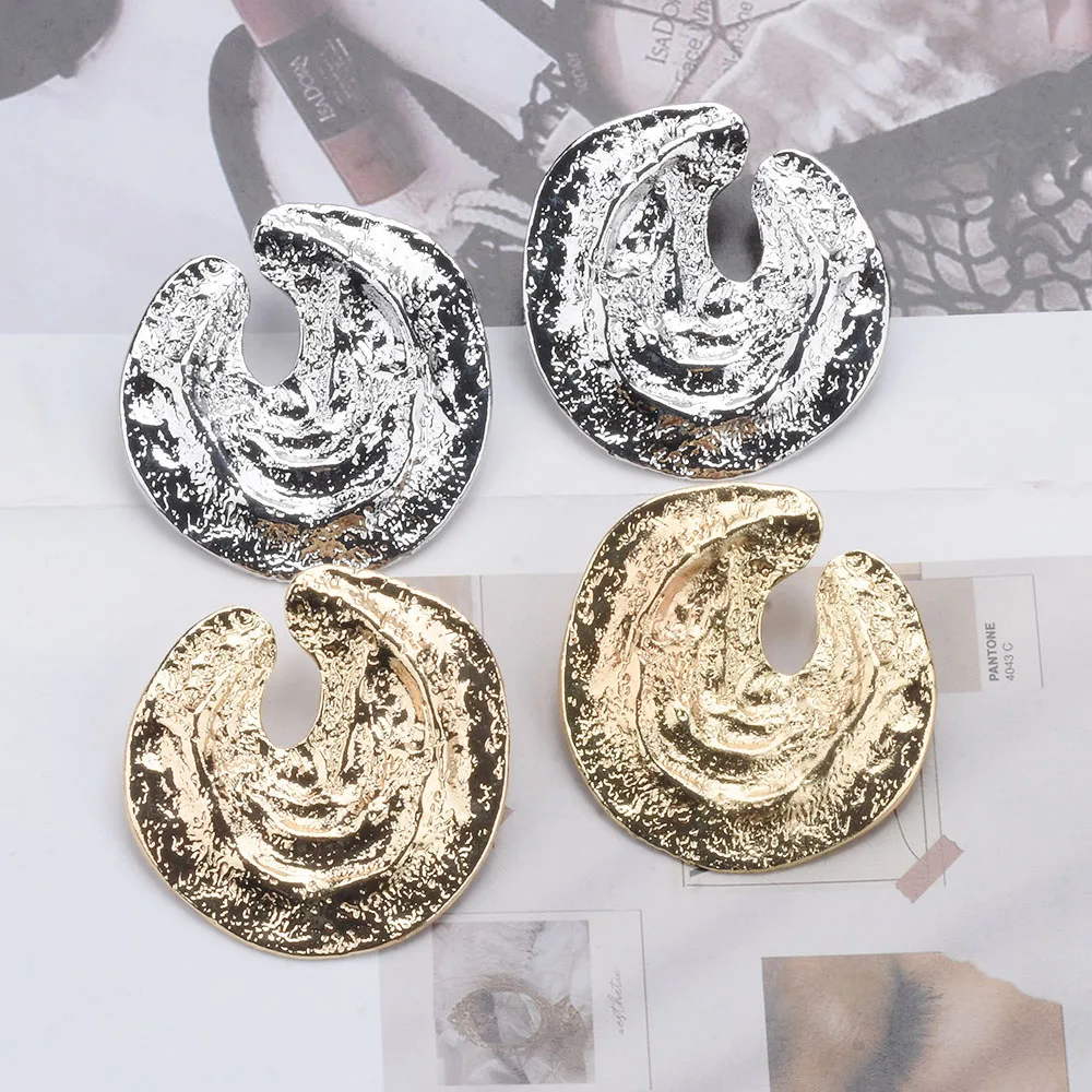 2024 New ZA Fashion Irregular Raised Textured Circle Metal Earrings Women Indian Vintage Statement Punk Big Earrings Jewelry