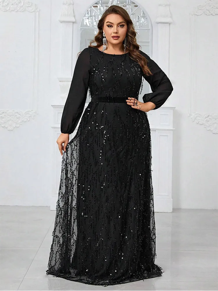 Plus Size Round Neck Black Sparkling Sequins Long Sleeve Floor-Length Evening Gown 4LX 5XL Big Size Marriage Prom Gown Women