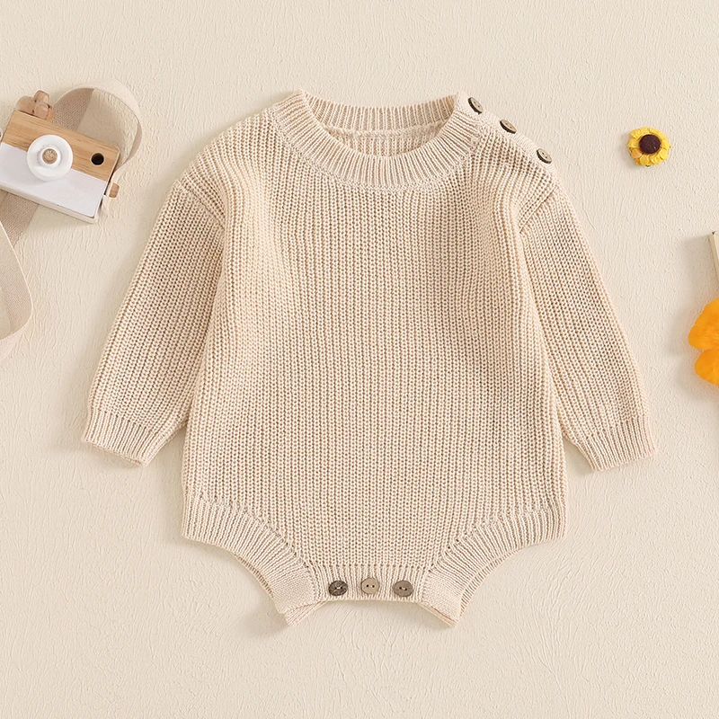 Baby Knit Romper, Long Sleeve Crew Neck Solid Bodysuit Winter Sweater for Casual Daily Soft Skin-friendly Comfy Baby Clothing