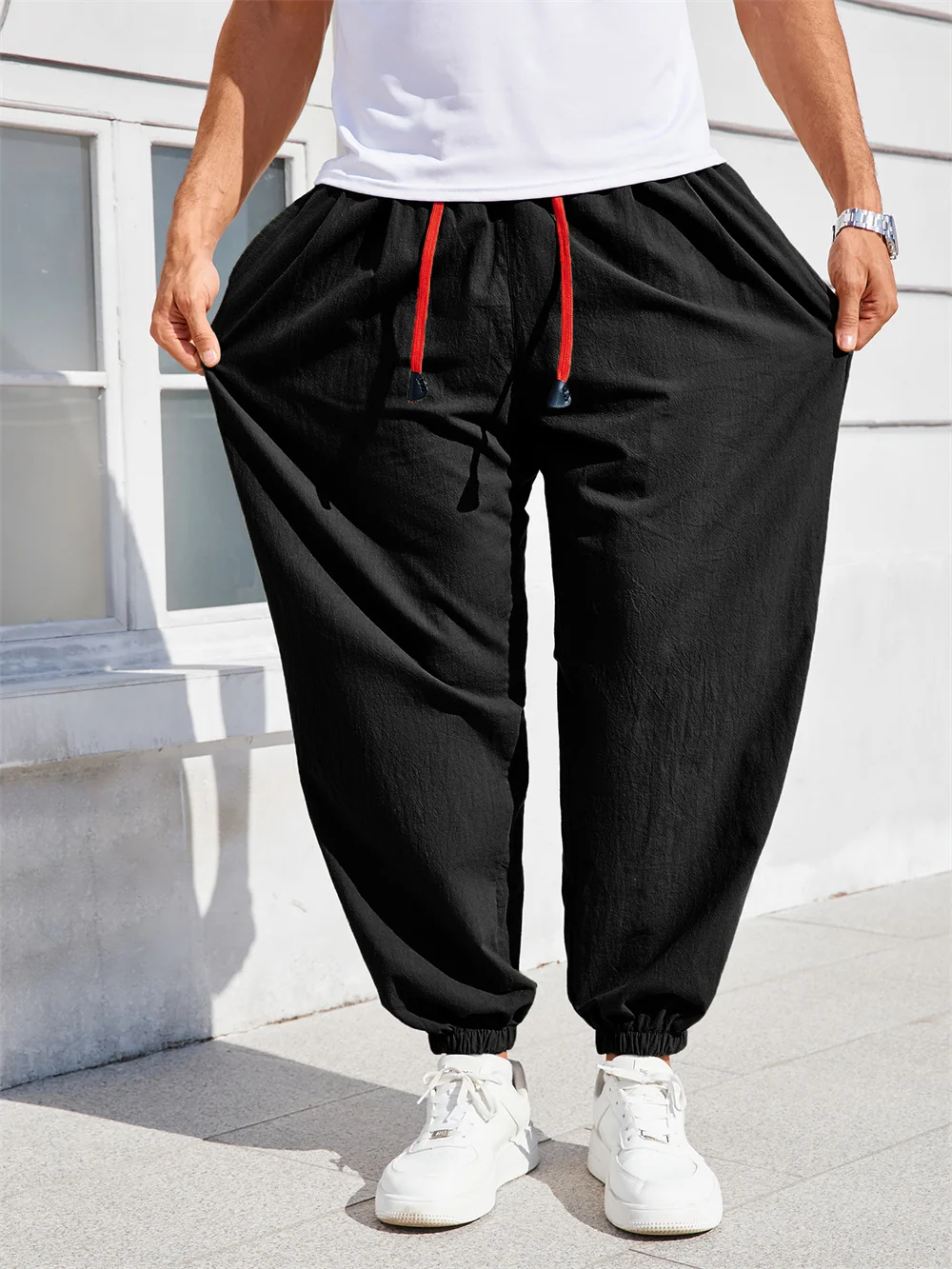 Herren-Haremshose, lockere Passform, chinesischer Stil, Baumwolle, Leinen, einfarbig, gemütliche Jogginghose, Jogger, hochwertige männliche Freizeithose – Detail 10
