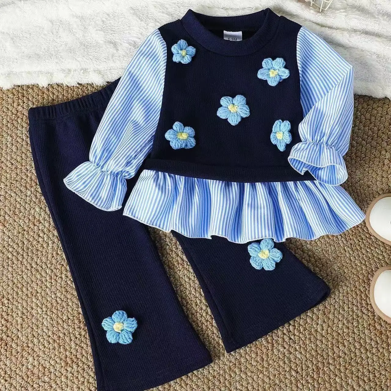 New Autumn Girls 2Pcs Outfit 3D Floral Sweatshirt with Striped Ruffle Hem Top Flower Embroidered Pant Kids Outfits