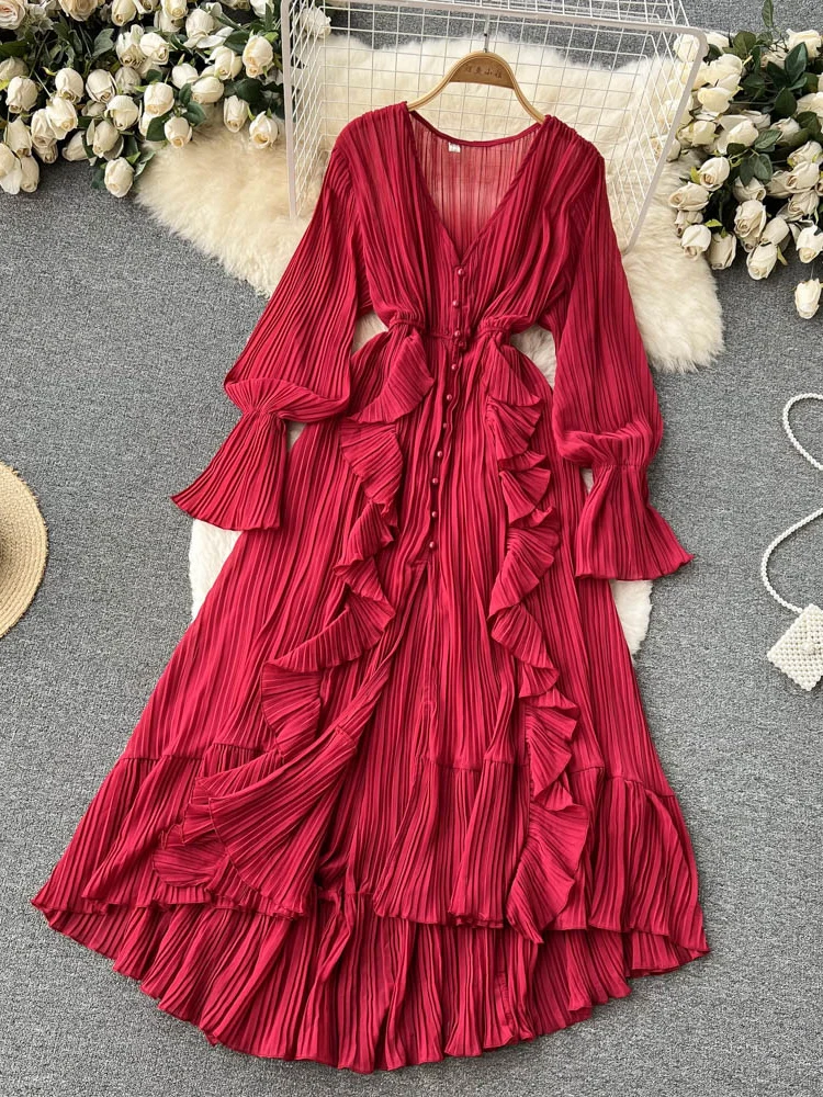 Pleated V-neck Flutter Sleeve Ruffles Chiffon Dress Turquoise