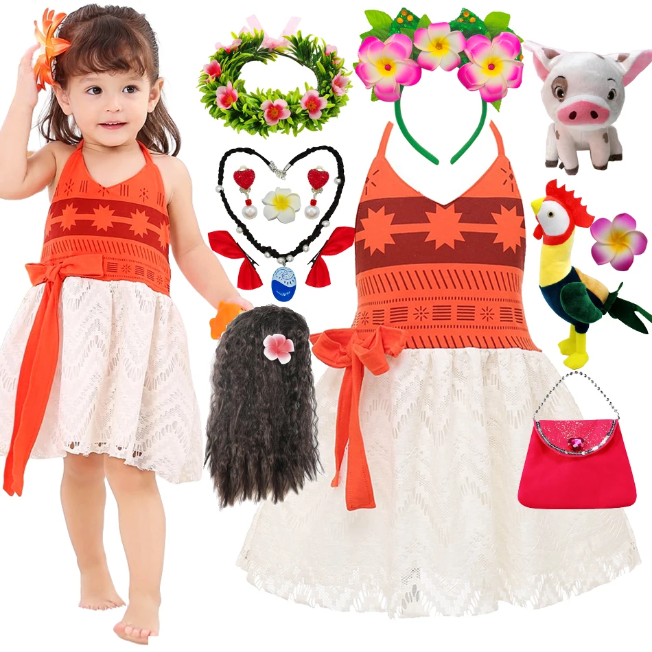 Little Girl Moana Costumes Kids Cosplay Girls Princess Vaiana Dress Children Birthday Party with Necklace Pet Pig Moana Sets