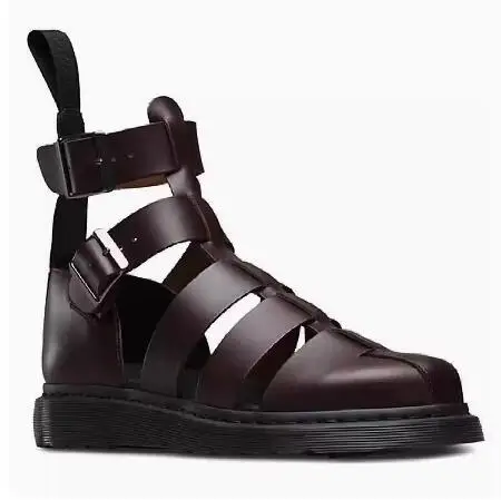 Roman Black Brown Genuine Leather Round Toe Gladiator Hollow Cuts Out High Top Sandals Man Double Belt Buckle Flat Short Boots