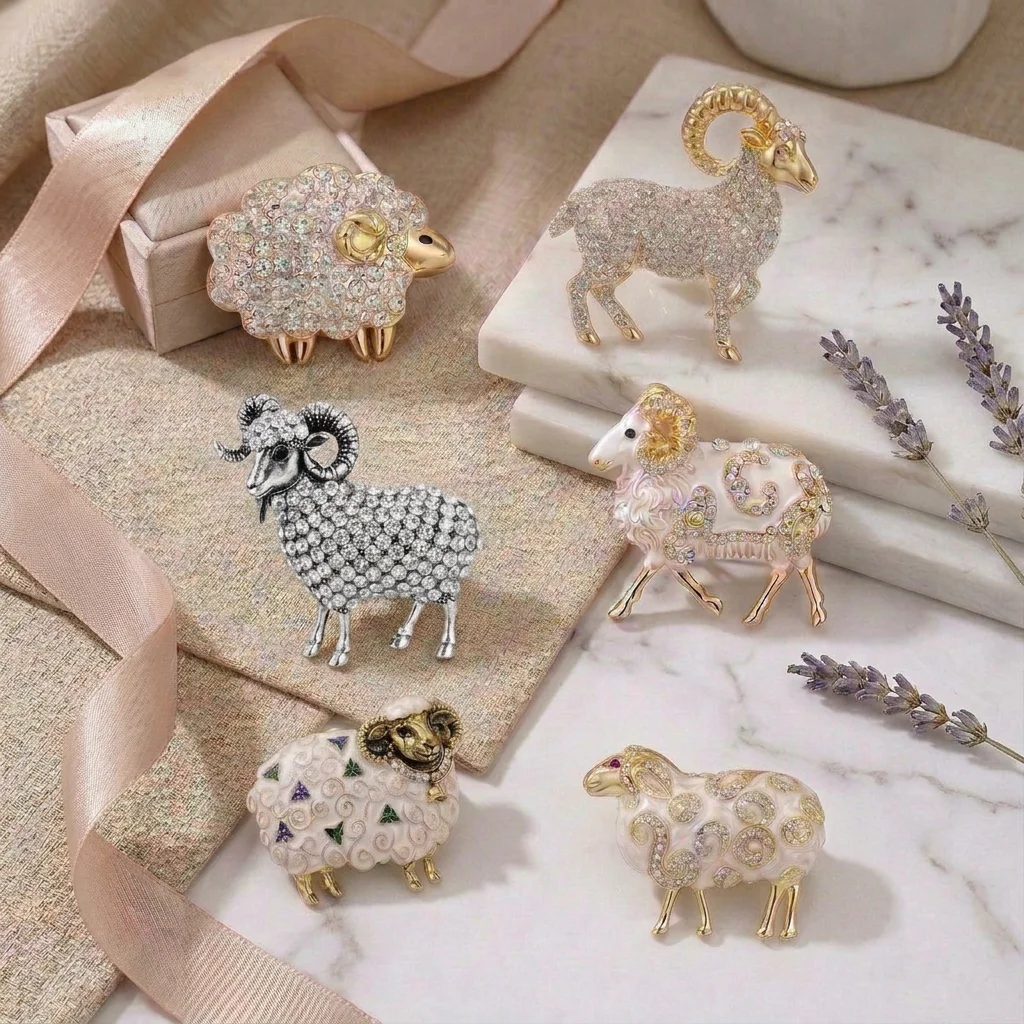 Elegant Rhinestone Sheep Brooches for Women Unisex Trendy Zodiac Animal Pins Casual Party Jewelry Accessories Gifts Decoration