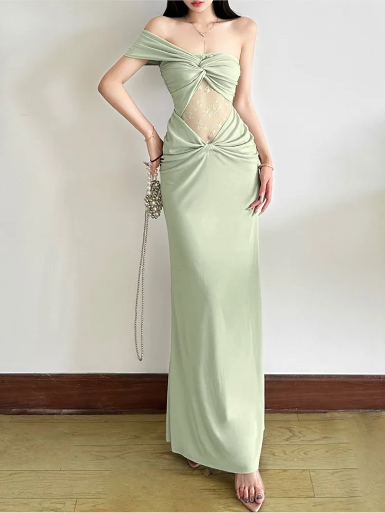 

Women's Solid Color Hollow Lace Pattern Oblique Shoulder Pleated Long Skirt Dress Bodycon temperament Sexy Vestidos Trendy Chic