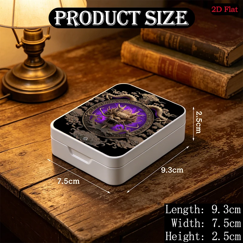 Wood Carved Dragon Emblem Theme Bookshelf Decoration Flip Top Metal Tin Box, UV Printed Portable Tin Box