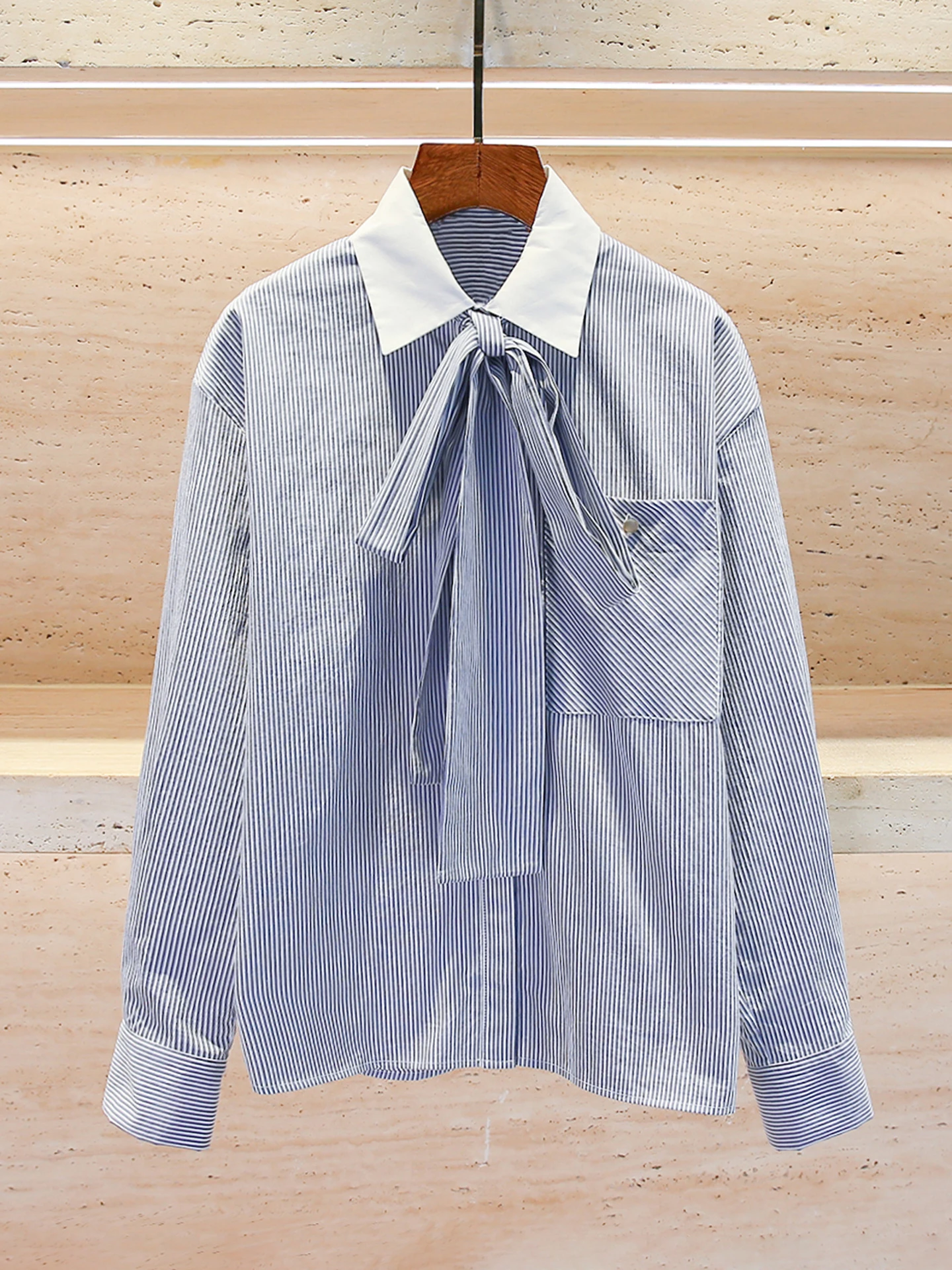 M Home Nan You High End Women's Casual Striped irt with  Knot Belt Autumn Winter Top Commute Sle Loose Fit