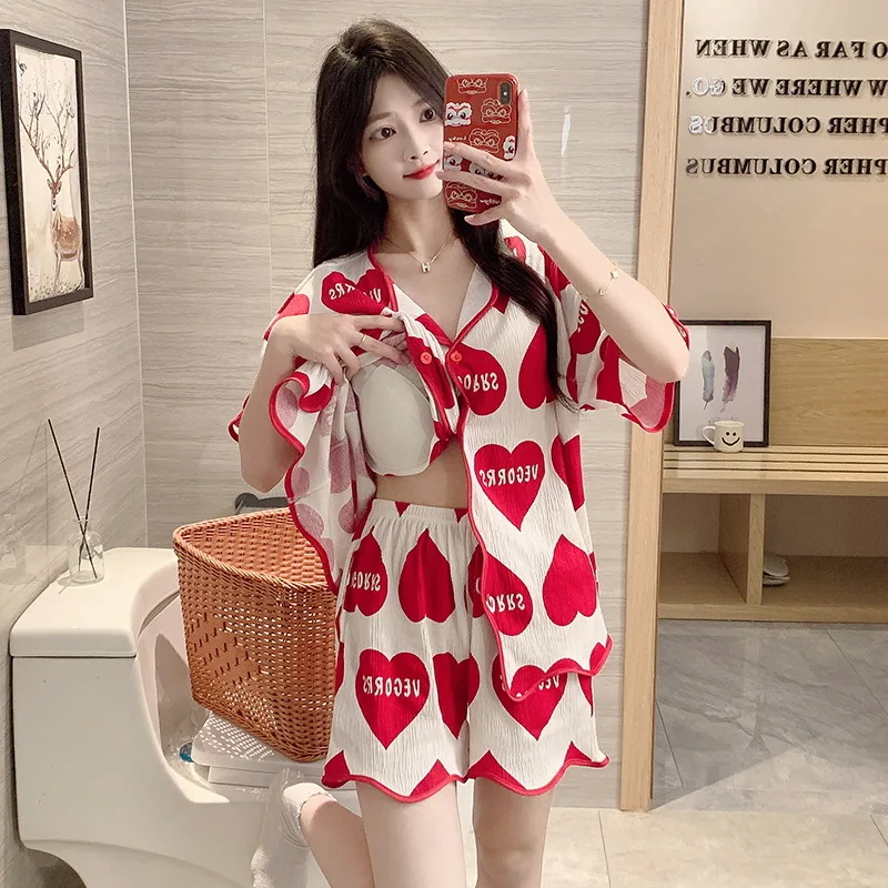 

New ladies' summer cardigan short-sleeved cartoon thin home service suit with integrated chest pad pajamas