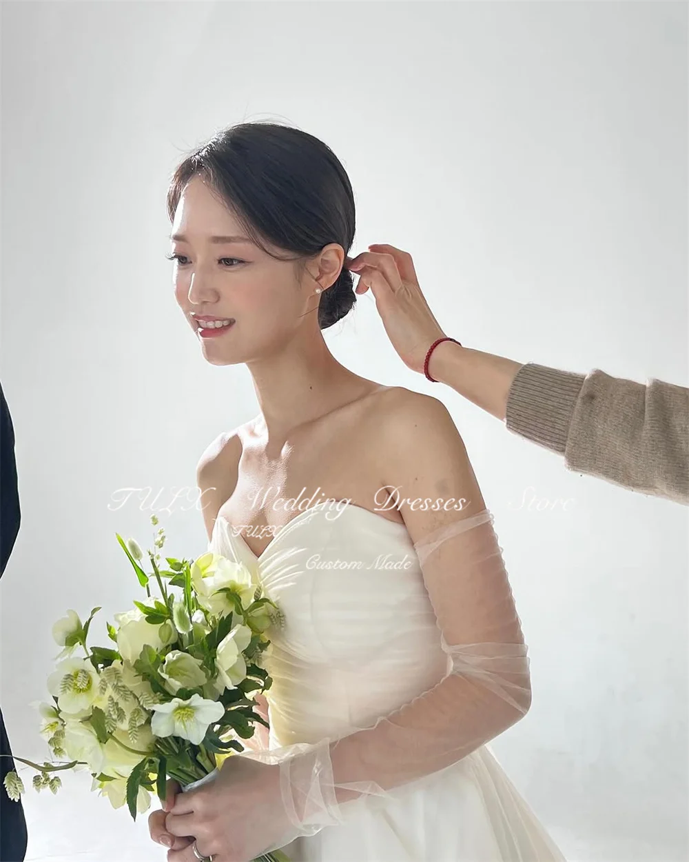 TULX Sweetheart plisado corsé Corea vestido para sesión de fotos de boda una línea de tul chal manga vestido de novia hasta el suelo Dende Personalizzato