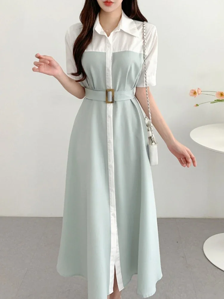 Abito camicia elegante con risvolto con lacci primavera estate Abito da donna vintage doppiopetto patchwork Abito da sera lungo da donna da ufficio