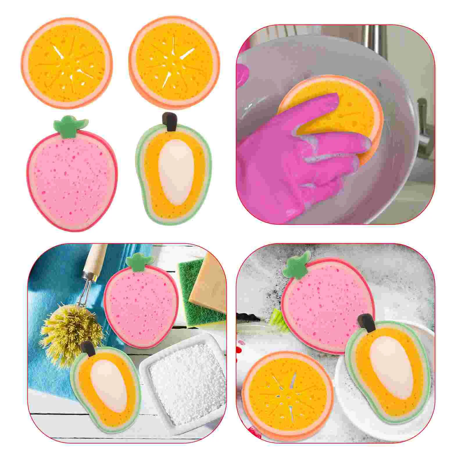 4 Pcs Fruit Shaped Cleaning Sponges Sweet 2 Strawberry 1 Mango 1 Thick Kitchen Dish Washing Scrubber Sponge Cloths Oil