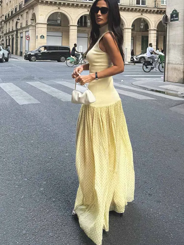 BKQU Elegant Spliced Mesh Polka Dot Long Dress Women 2025 Summer Turtleneck Sleeveless  Slim A-Line Pleated Vacation Maxi Dress