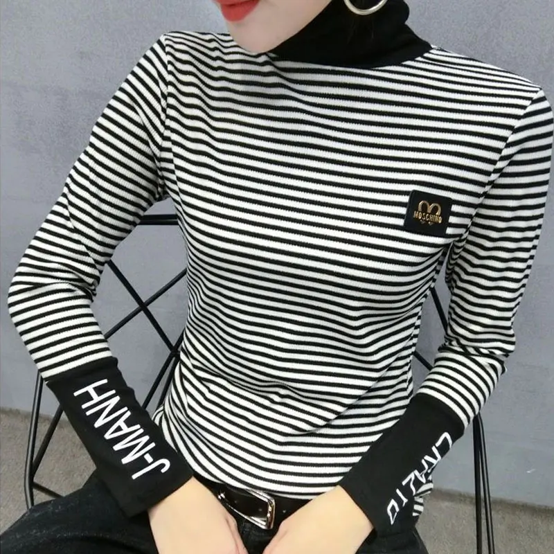 Commute Striped Letter Spliced T-shirt Female Clothing Fashion Patch Designs 2023 Spring Autumn Slim Korean Turtleneck Pullovers