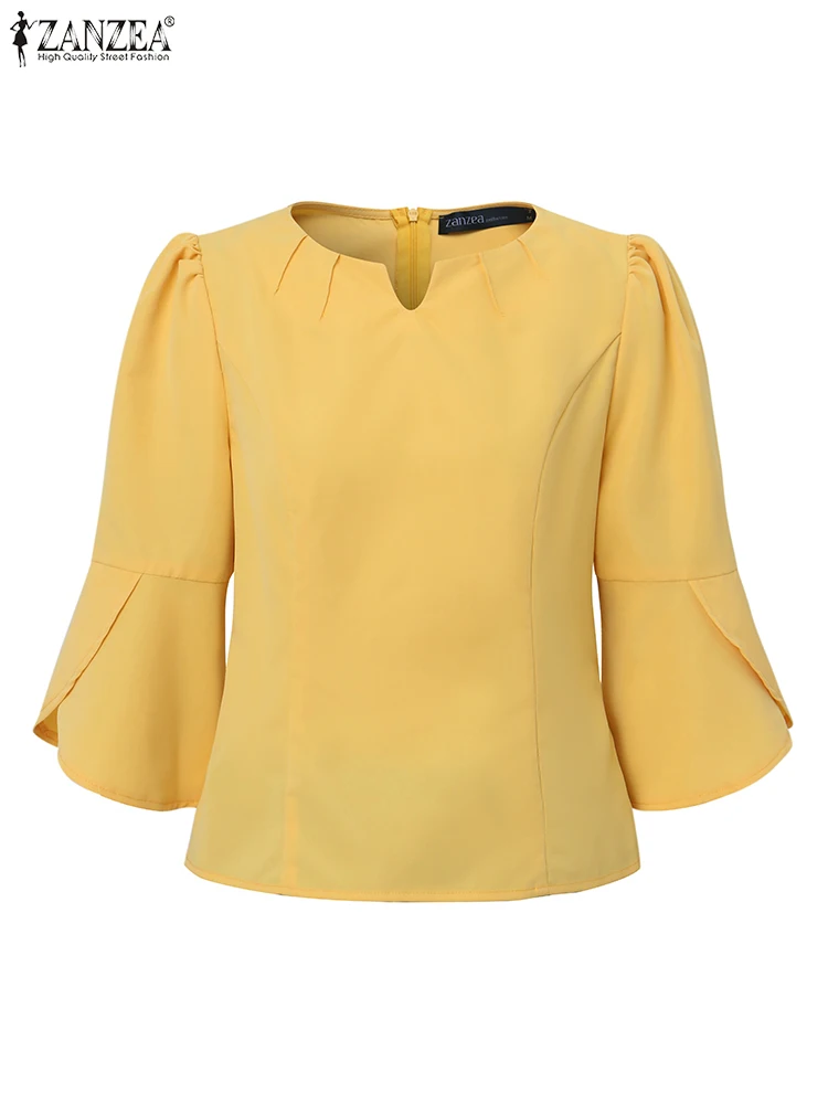 

Women Tops ZANZEA Elegant Office Lady Blouse Summer 3/4 Flare Sleeve Solid Tunic 2025 Fashion V-Neck Casual Shirts Blusas Femme