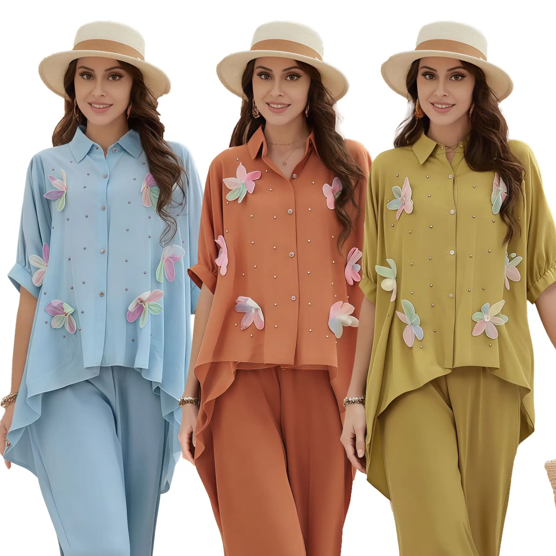 

Elegant Femme Musulmane Ensembles Muslim Sets for Women Flower Beads Tops and Pants Ramadan Dubai Abaya Kaftan Turkey Outfits