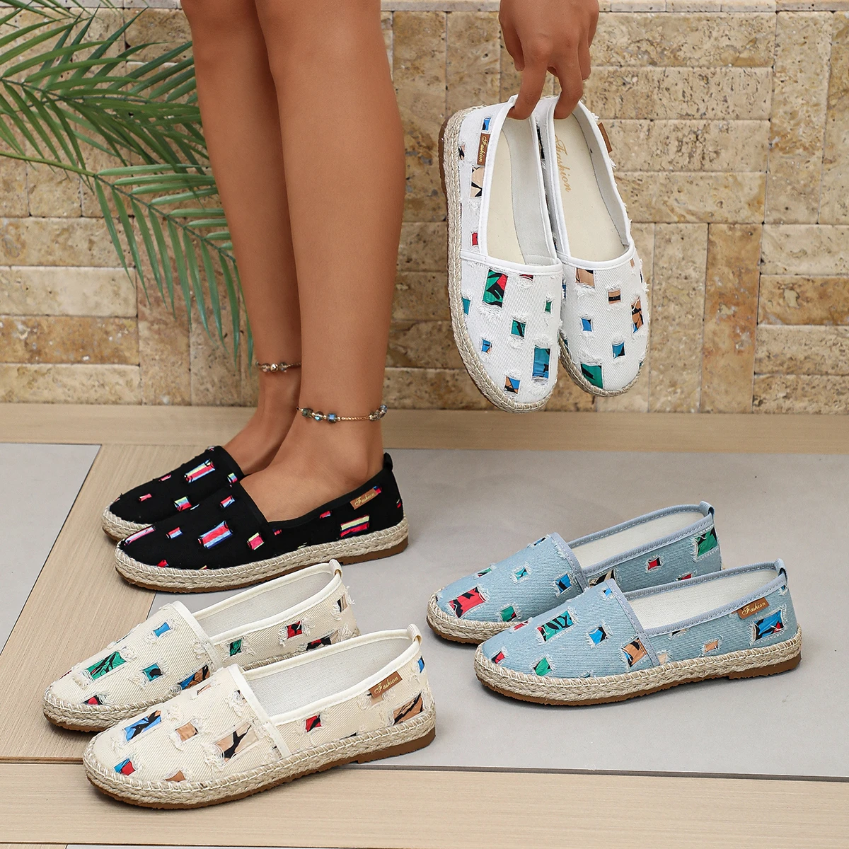Women Cowboy Broken Hole Splice Canvas Shoes Halloween Popular Pumpkin Shoe Slip-on Hemp Casual Shoes Espadrilles Footwear Flats