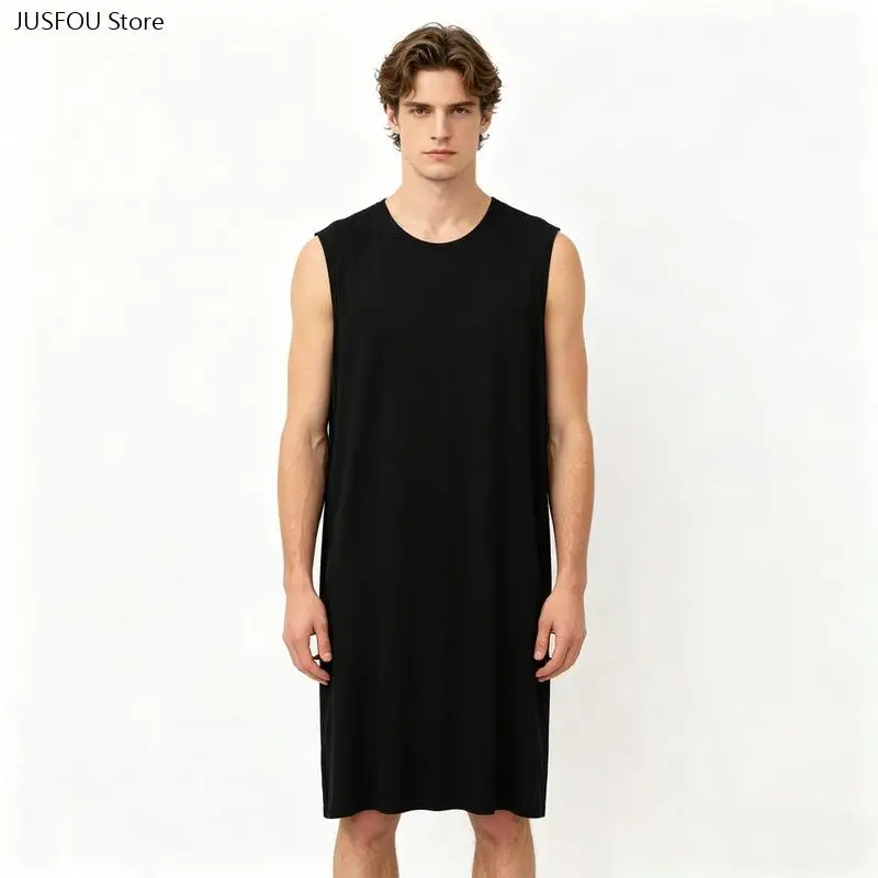 Men European American Style Nightgown Summer Robe Dress Middle Aged Elderly Sleeveless Nightdress Loose Soft Home Loungewear