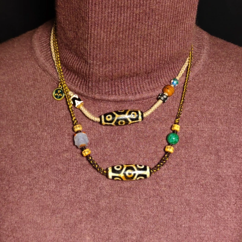 Tibetan Fire Offering Yellow Turtleshell 9 Eyes S925 Tiger Teeth Agate Dzi Carved Skull Glass Bone Beads Woven Short Necklace