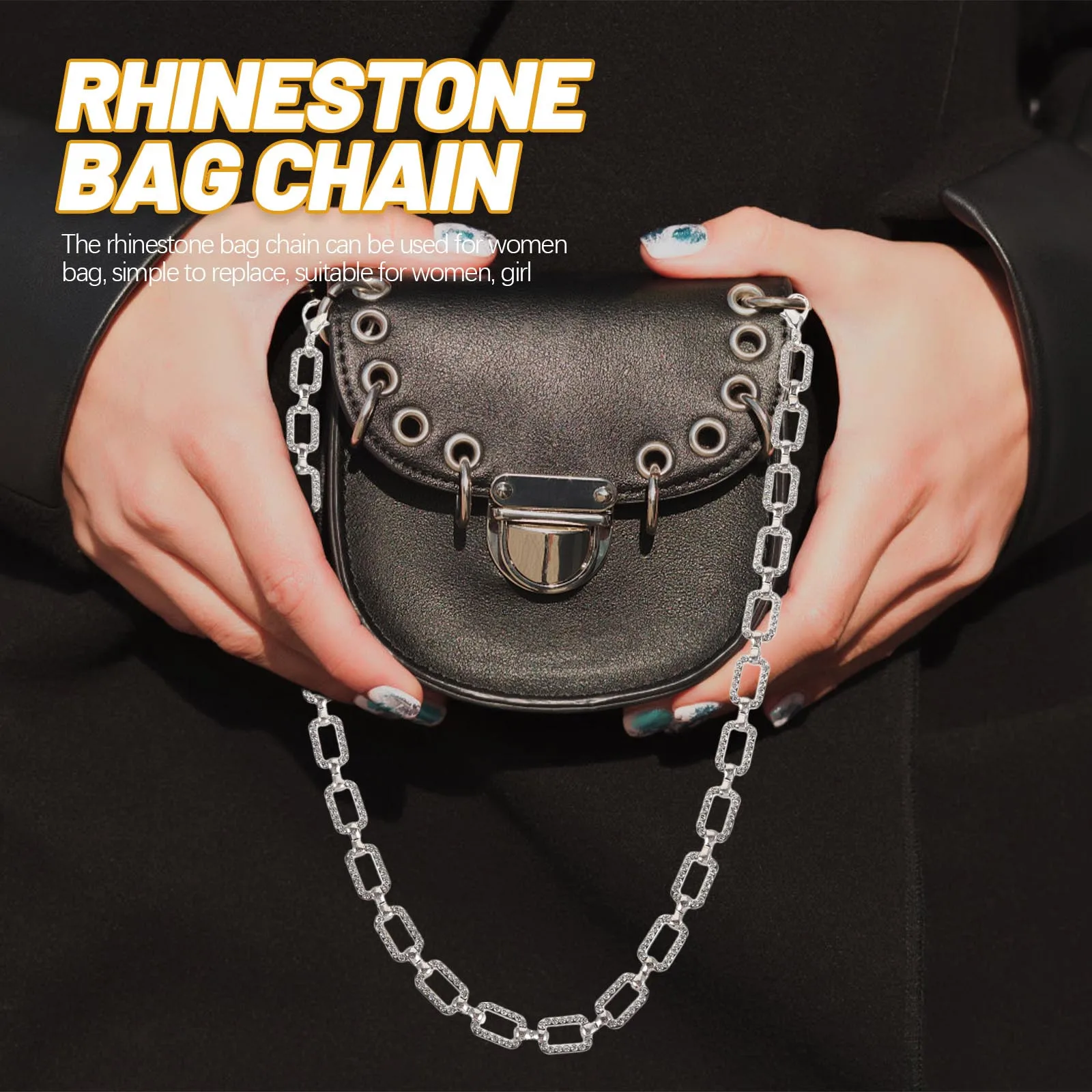 2개입 라인스톤 넓은 직사각형 크리스탈 가방 체인 DIY 교체용 핸드백 체인 스트랩 시크한 장식 액세서리
