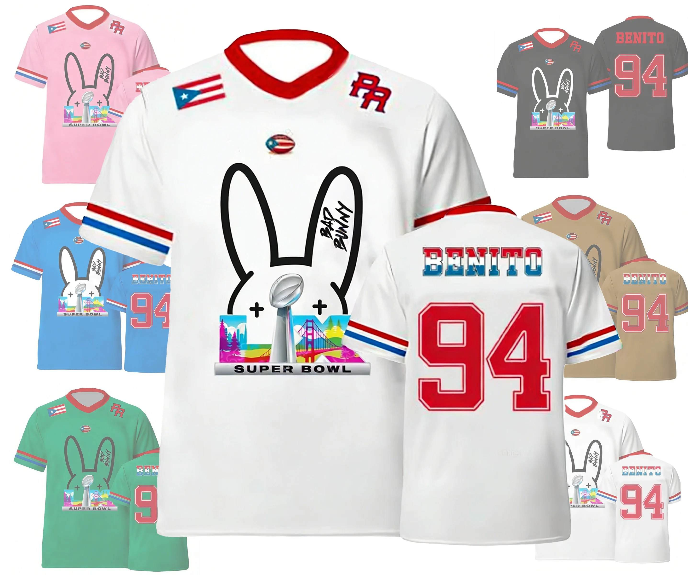 

Футболка с V-образным вырезом American Rugby Benito 94, спортивная одежда из Пуэрто-Рико, подарок Bad Bunny для фанатов, мужская модная уличная спортивная одежда