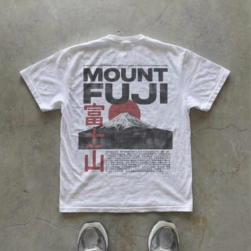 Men's Fuji Mountain Pattern Letter Printed Round Neck T-shirt Street Retro Neutral 100% Pure Cotton White Short Sleeved Shirt
