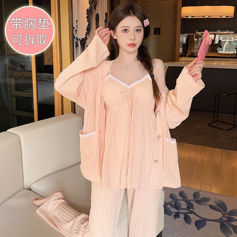 2024 Spring Plus Size 3PCS Sexy Lace Lingerie Spaghetti Strap Cotton Pajama Sets For Women Cute Sleepwear Homewear Home Clothes